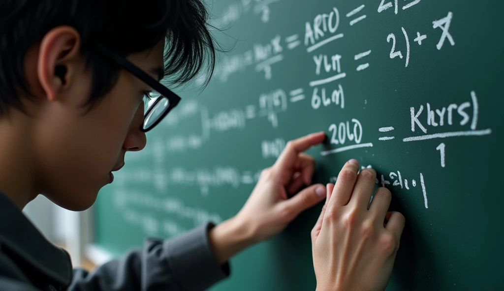 Close-up of Alex&#39;s hand (2 young man, delgado, with messy black hair and dark eyes and wears glasses) writing the solution on the board, solving an equation that becomes a code.