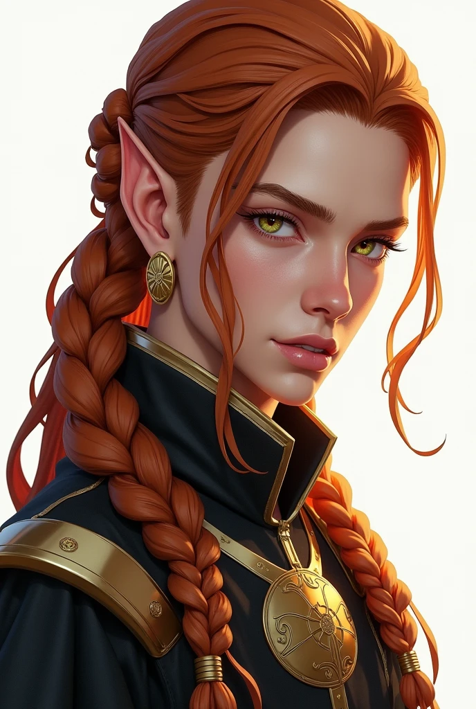 high elf, young adult, with masculine appearance inspired by kpop idol Lee Felix, do grupo Stray Kids, copper colored braided hair, with gold ornaments, golden eyes and tanned skin, in wizard clothes. Full body and white background