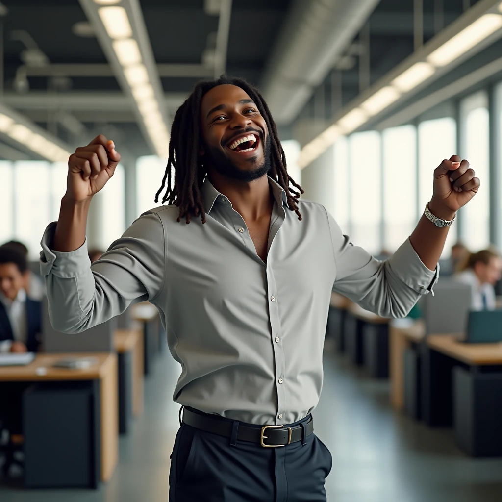 Black skinned boy, dreadlocks, Getting promoted at work, happy mood