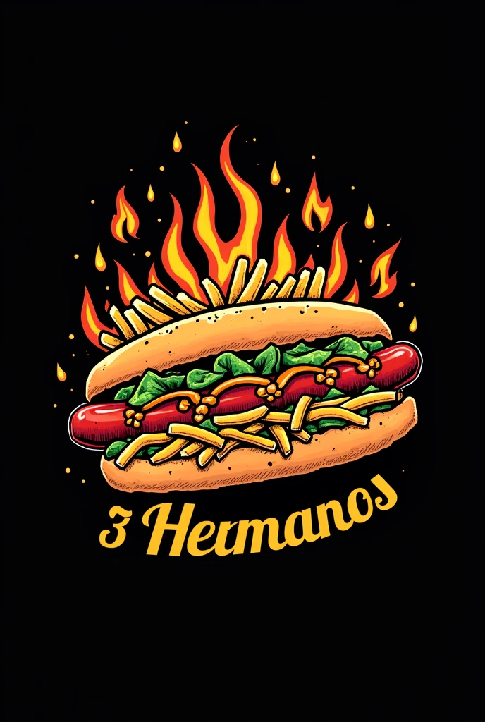 Make me a logo with a drawing of a Salchipapa or a hotdog , with a black background and little flames and the name of delicias 3 hermanos "food truck"