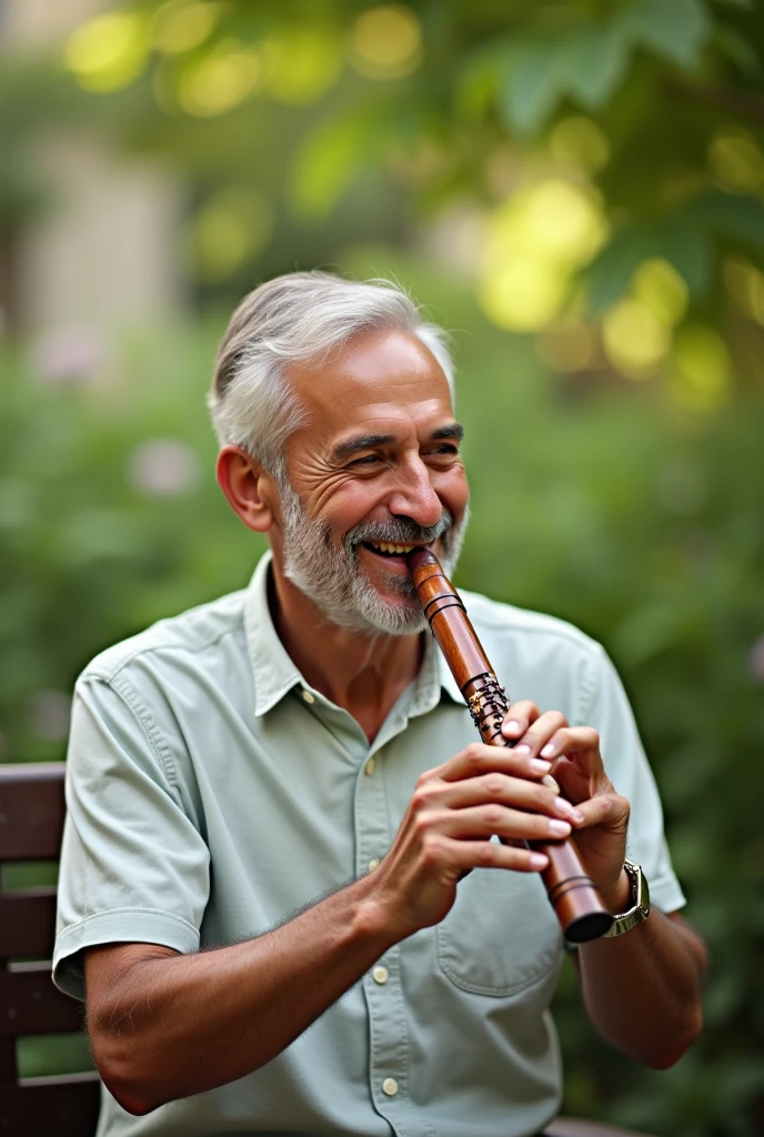 A happy man playing the recorder