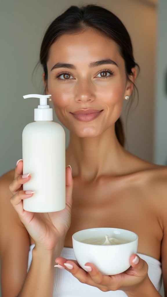 woman holding a bottle of lotion and a cup of lotion, clean face and body skin