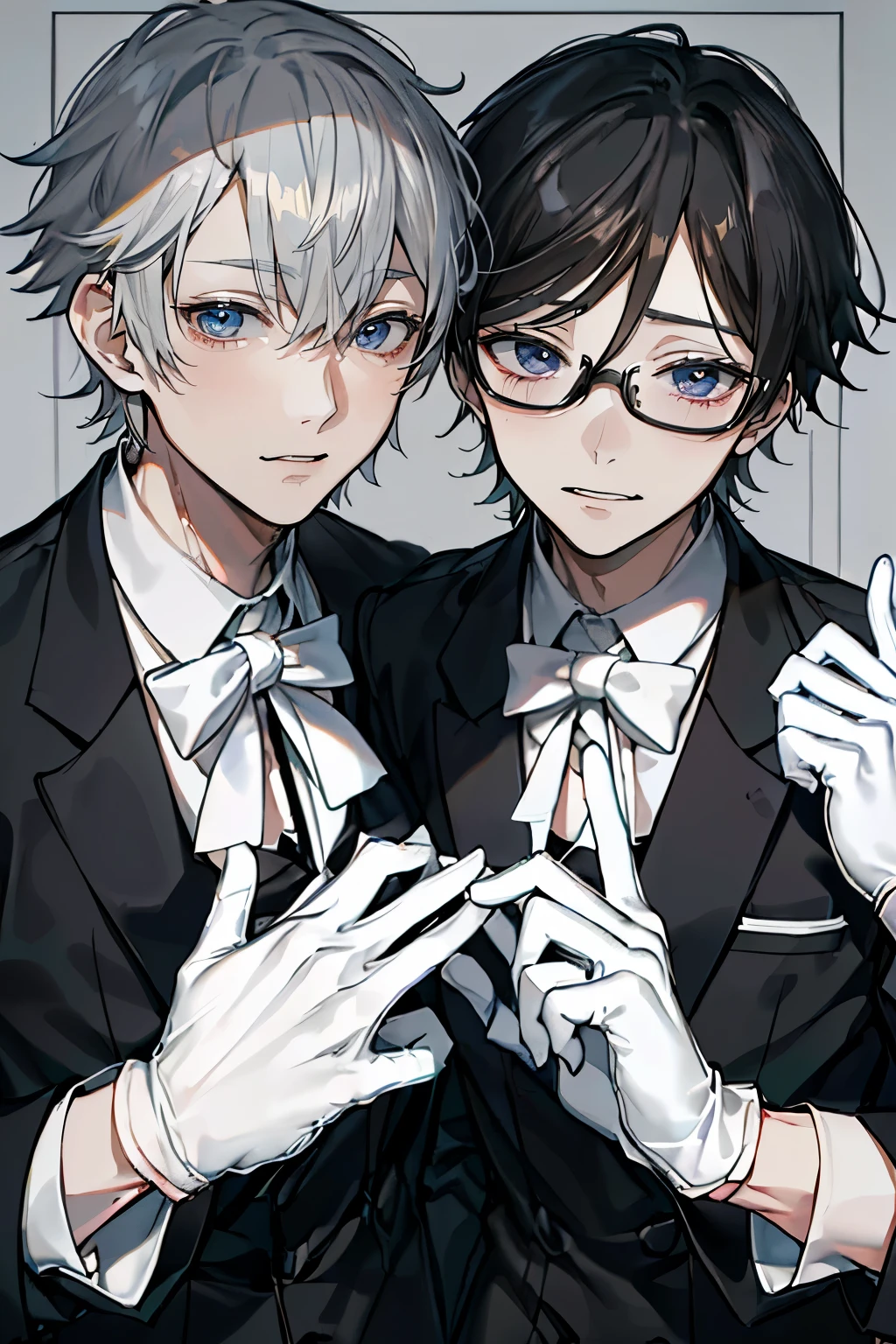 (Mastepiece)、(Best Quality)、Very detailed、((Two intimate butlers:1.5))、Perfect Face、Beautiful Face、Very detailedな顔、(Black-haired man:1.3)、(Grey-haired man:1.3)、Black butler uniform、Glasses、(White gloves:1.3)、Smiling face