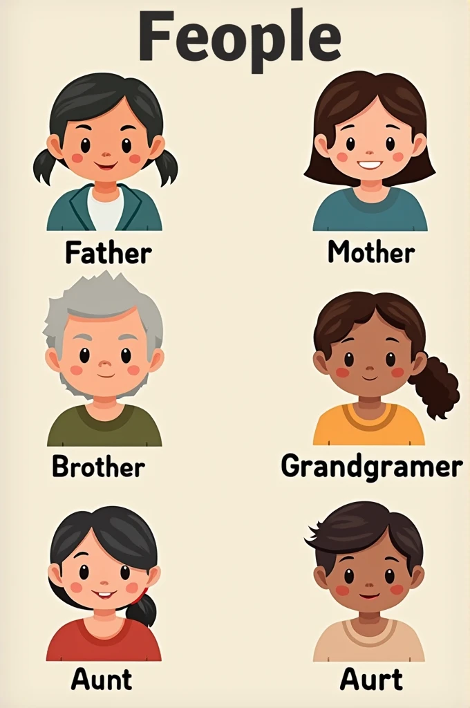 the names of types of relatives with pictures, Father, Mother, brother, Sister, grandfather, grandmother, uncle, Aunt, first, in English