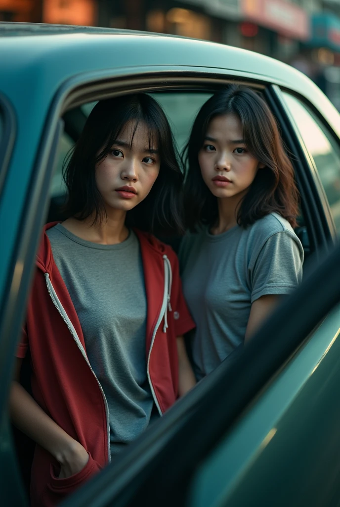 Identical twin sisters、"Movie Posters「Red Hood」,20-year-old woman、He is wearing a grey T-shirt with a red hoodie and pockets., Hiding in a car with a look of fear. The setting is Bangkok, Corpses scattered on the streets."