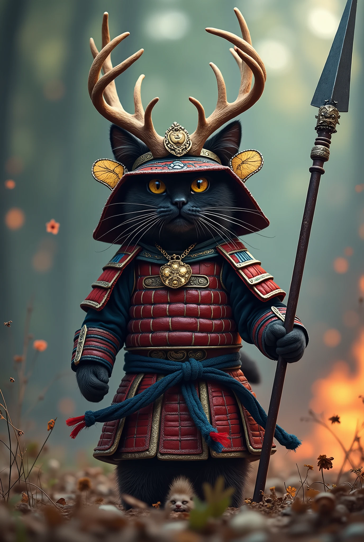 Samurai Cat, battlefield,, colorful, dark atmosphere,Wearing a helmet with deer antlers,Has a long spear 黒い猫 cute whole body
