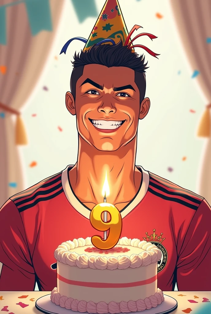 Anime style image of Cristiano Ronaldo with a birthday hat and a cake with a number 9 candle