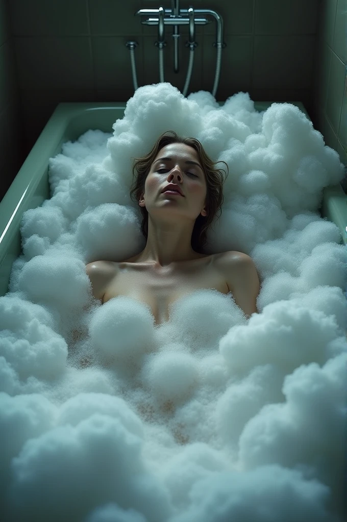 Woman submerged in bathtub with foam