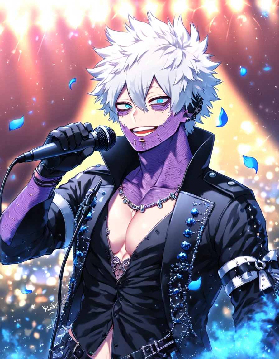 Ultra detailed, Highres, absurdres, HDR, master piece, Dabi, white hair, expressive turquoise eyes, Boku No Hero Academia, sexy man holding a microphone, solo, rocker, black rocker clothes with trimmings, blue petals, glittering, black gloves, blue flowers, sensual, fantasy, idol stage, concert, manly man, horny, erotic, close up, handsome smile, visual kei, black clothes, blue flames, mature man, adult face
