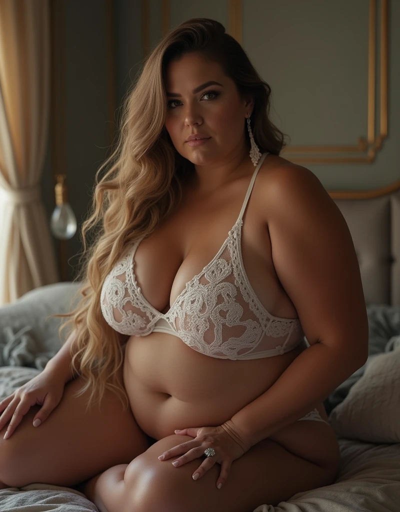 Overweight overweight 60 year old American aged women wearing white netting bikini lingerie dress with long hairs leg stockings and high heels sitting on bed looking so sexy