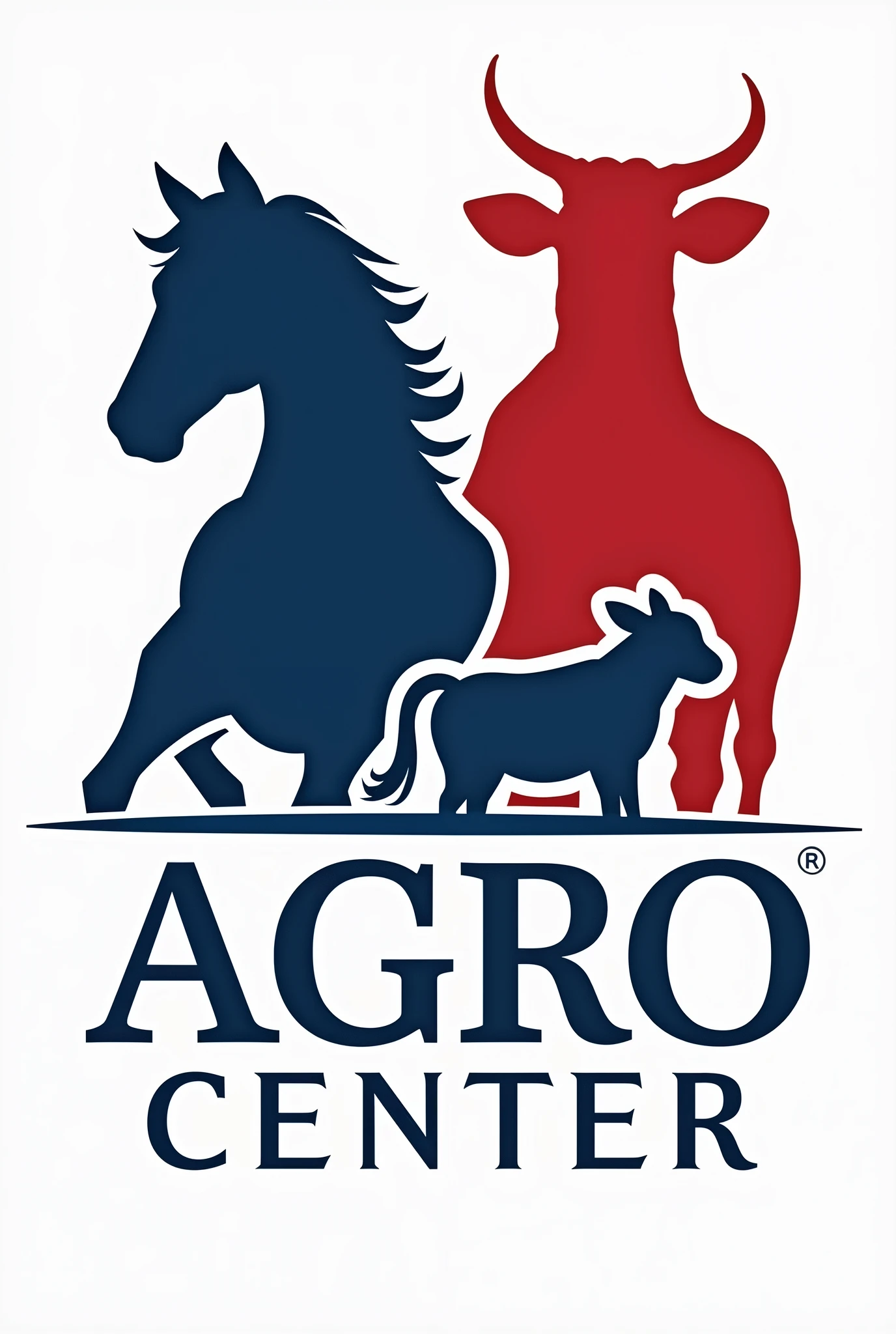A logo written Agro Center with the colors Blue, Red and White with a horse and cow in the background 