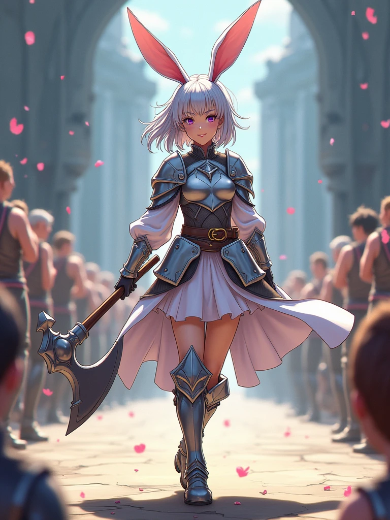 (warrior),(white bunny ears),(lilac eyes),(silver armor),(naive smile),(short hair), (((female character))),(day),(holding a battle ax ),(tanned skin tone),(silver hair),(Beautiful face 8k),(floor),(spectators),(lit environment),(particles in the air),((speed)), hand-drawn anime style , dynamic, full length, animation quality, anime icon, looking at face camera, 8k, full length, best background, masterpiece, awesome titles, ultra HD, insane title, perfect hands