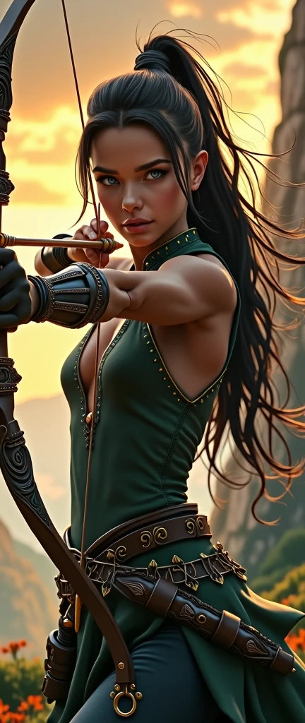 ((1 girl, dynamic archer stance, detailed archery stance:1.5)), intricate arch, dramatic movement, Eye-catching silhouette, flowing hair, intense focus, muscular physique, realistic skin texture, high quality, 8k, cinematic lighting, dramatic shadows, warm color tones, vibrant colors, fantasy landscape background, lush vegetation, Rocky cliff, dramatic sky, dynamic action, Striking composition, masterpiece, photorealistic, hyper detailed