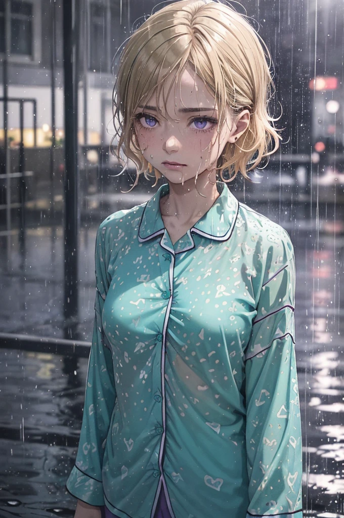 ((Teal coloured pyjama shirt)), 1girl, raining heavily, (patterned pyjamas), outside, short caramel-blonde hair sticking to her face, depressed purple eyes, teal coloured pyjama shirt, nighttime, very dark, soaking wet, wet through, wet clothes, almost naked, small breasts, outside at nighttime, in the streets, dark background, dark, very dark night, realistic colour, 1 colour shirt, soaking wet pyjamas, wet though, dripping wet, a hint of nipples, purple eyes, alluring depressed eye, cold dark night, flushed cheeks, braless,