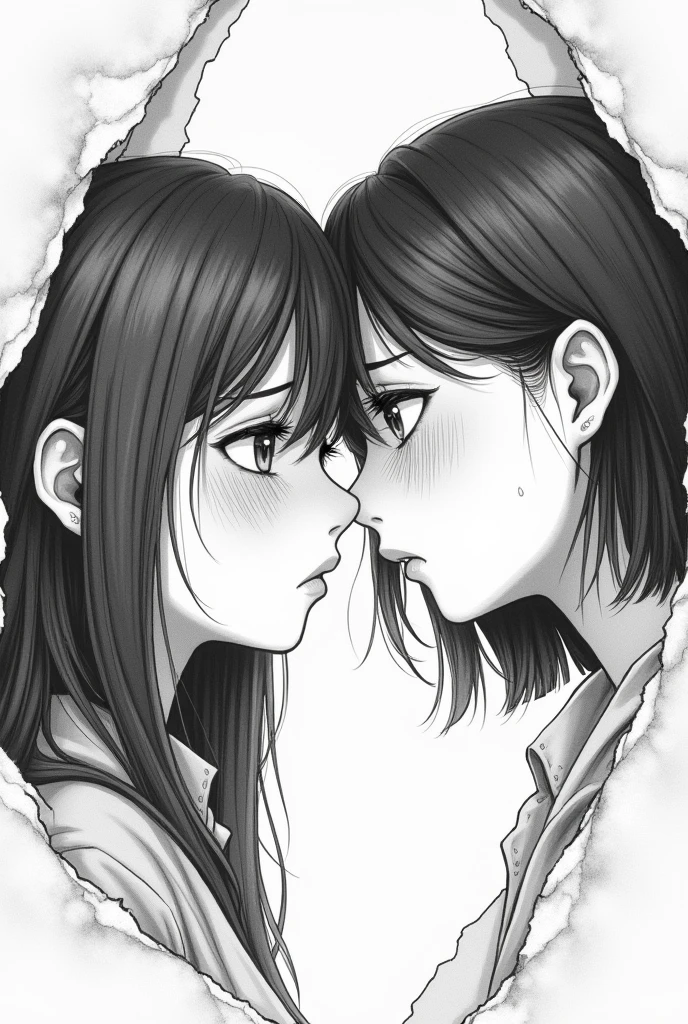 Drawing of two girls, with one crying and the other leaving Black and white drawing Add torn sheets of paper and the girls Make them older and without showing their whole body Just make their faces kissing and sad