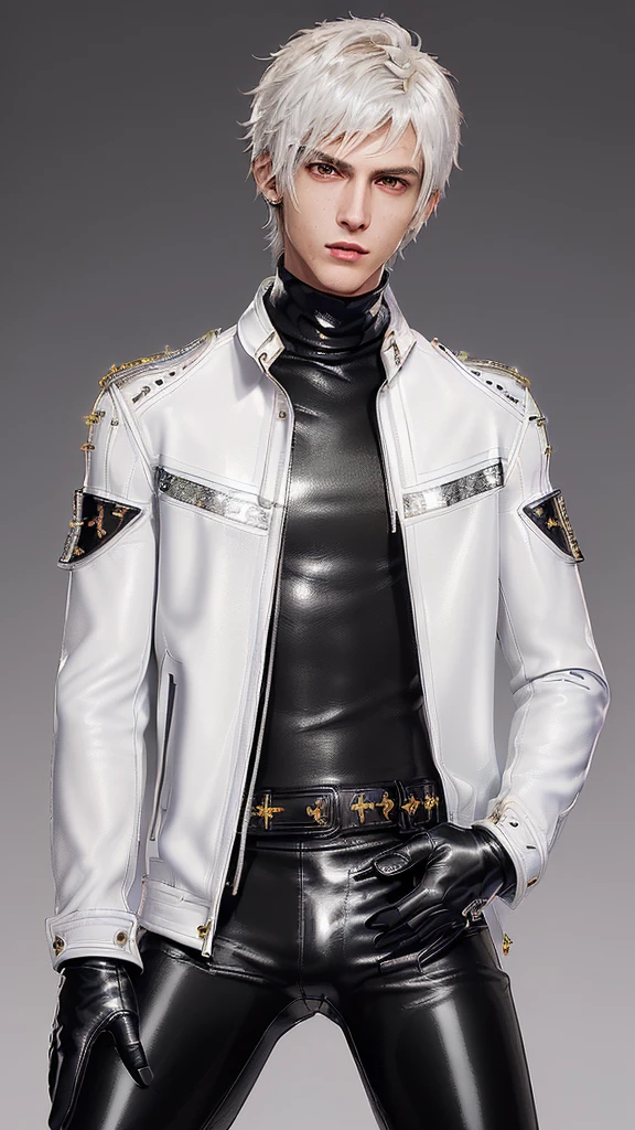 ((Final fantasy taste and reality graphics)), ((Japanese young cute and cool ikemen boy)), his age is early 20s, thin eyebrows and beady eyes, ((((he wearing white color and very shining brightly enamel leather very thick single-brest jacket)))), ((with epaulet)), ((enamel leather jacket close all zippers)),, ,(( jacket collar is very high length stand-up collar with belts)), , (((also wearing black color turtleneck very shining brightly enamel leather shirts))), (((tight black and very shining brightly enamel leather pants))), ((((very shining brightly black enamel leather tight and thin glove)))), ((black color and vety shining brightly leather knee-high raceup boots)),head-to-toe, whole body, boy looks like fashion model,Do not show skin from the neck down,(((all his clothes are smooth design and very shining))),(((Avoid adding unnecessary decorations to your clothes))),(((all clothes is simple design and appearance)))
