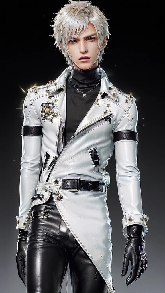 ((Final fantasy taste and reality graphics)), ((Japanese young cute and cool ikemen  boy)), his age is early 20s, thin eyebrows and beady eyes,  ((((he wearing white color and very shining brightly enamel leather very thick single-brest jacket)))), ((with epaulet)), ((enamel leather jacket close all zippers)),, ,(( jacket collar is very high length stand-up collar with belts)), , (((also wearing black color turtleneck very shining brightly enamel leather shirts))),  (((tight black and very shining brightly enamel leather pants))), ((((very shining brightly black enamel leather tight and thin glove)))), ((black color and vety shining brightly leather knee-high raceup boots)),head-to-toe, whole body, boy looks like fashion model,Do not show skin from the neck down,(((all his clothes are smooth design and very shining))),(((Avoid adding unnecessary decorations to your clothes))),(((all clothes is simple design and appearance)))