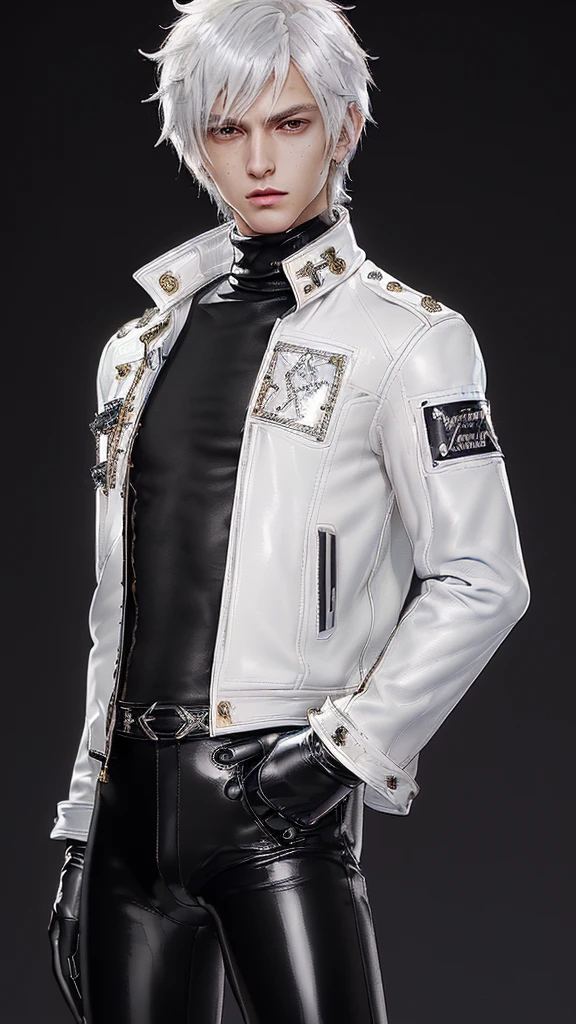 ((Final fantasy taste and reality graphics)), ((Japanese young cute and cool ikemen boy)), his age is early 20s, thin eyebrows and beady eyes, ((((he wearing white color and very shining brightly enamel leather very thick single-brest jacket)))), ((with epaulet)), ((enamel leather jacket close all zippers)),, ,(( jacket collar is very high length stand-up collar with belts)), , (((also wearing black color turtleneck very shining brightly enamel leather shirts))), (((tight black and very shining brightly enamel leather pants))), ((((very shining brightly black enamel leather tight and thin glove)))), ((black color and vety shining brightly leather knee-high raceup boots)),head-to-toe, whole body, boy looks like fashion model,Do not show skin from the neck down,(((all his clothes are smooth design and very shining))),(((Avoid adding unnecessary decorations to your clothes))),(((all clothes is simple design and appearance)))