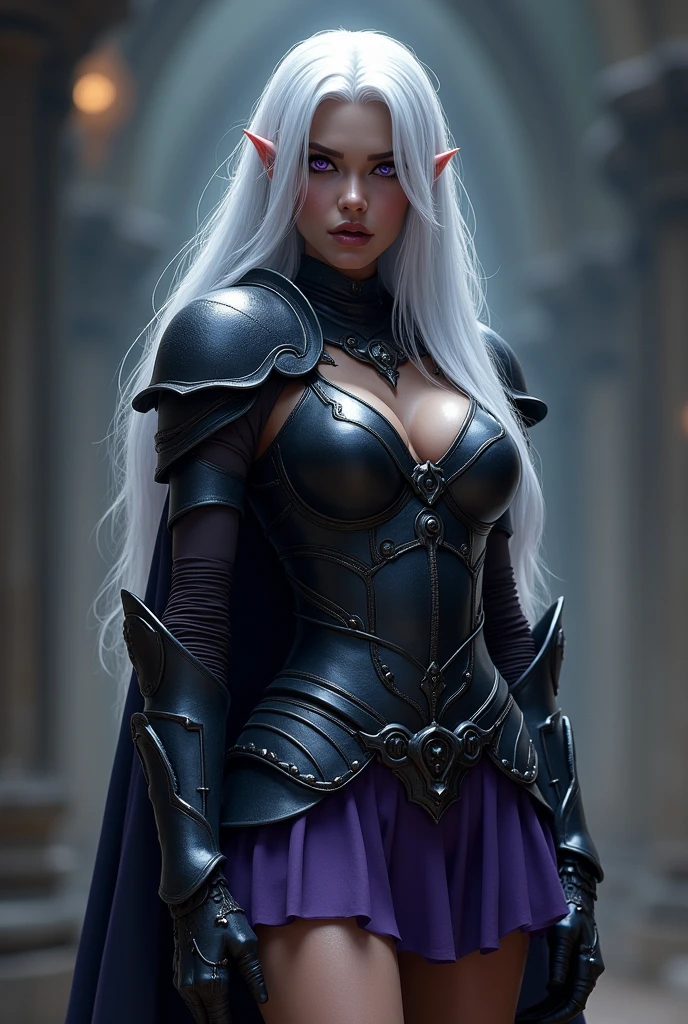 A beautiful drow girl, detailed face, large breasts, dark skin, detailed white hair, black plate armor, short purple skirt, purple eyes, highly detailed, 8k, photorealistic, masterpiece, cinematic lighting, fantasy art