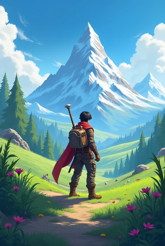The home screen of an open world RPG game, called super world, This loading screen has to be vertical