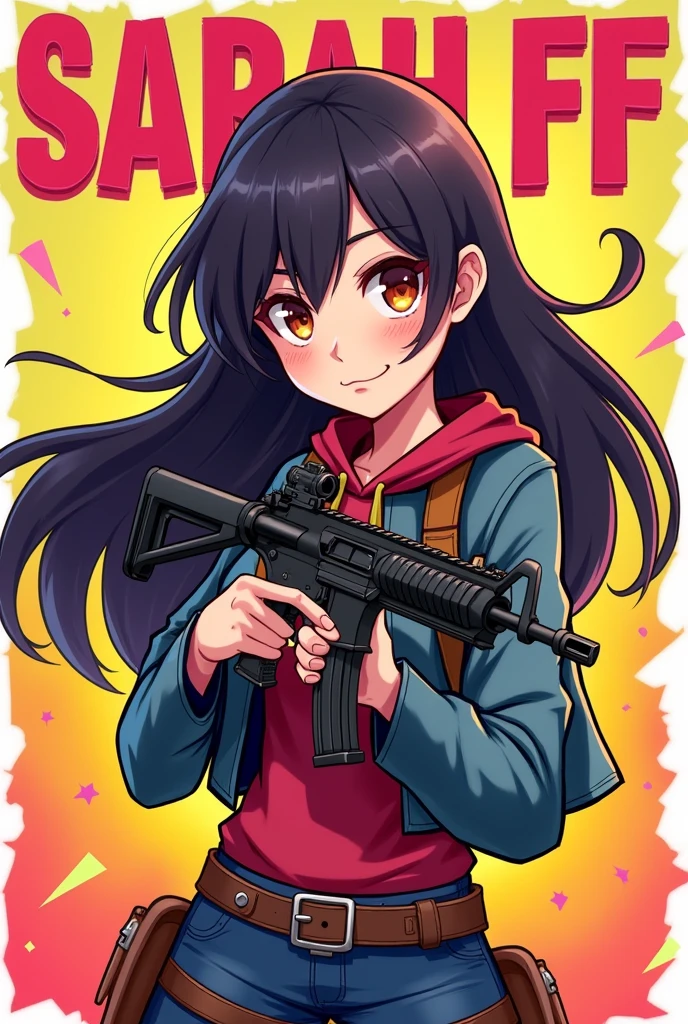 image of a cartoon girl, free fire player with dark hair, long, without fringe, her name Sarah FF appears as a poster and she has a gun in her hands