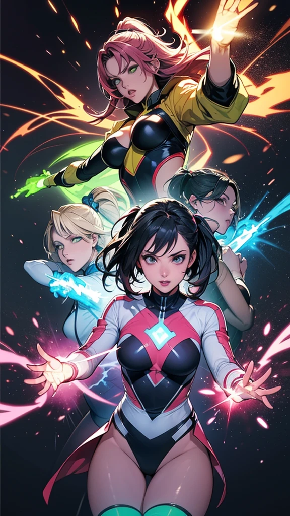 A brave and daring image of the six-woman Ranger team, Each is decorated with the following vibrant colors:: neon pink, Sky blue, Fire engine red, plasma violet, Fluorescent Green, shocking yellow. A dynamic pose with a background that oozes energy and courage.。, Embodying the essence of the classic Sentai superhero team. Each Ranger's outfit is sleek and modern, Each color has elements that reflect its theme., Ready for action. ((camel toe))