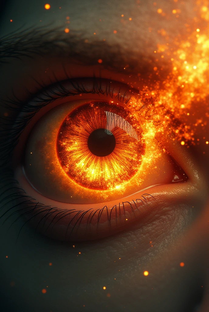 An eye with an eyeball of a flaming volleyball ball