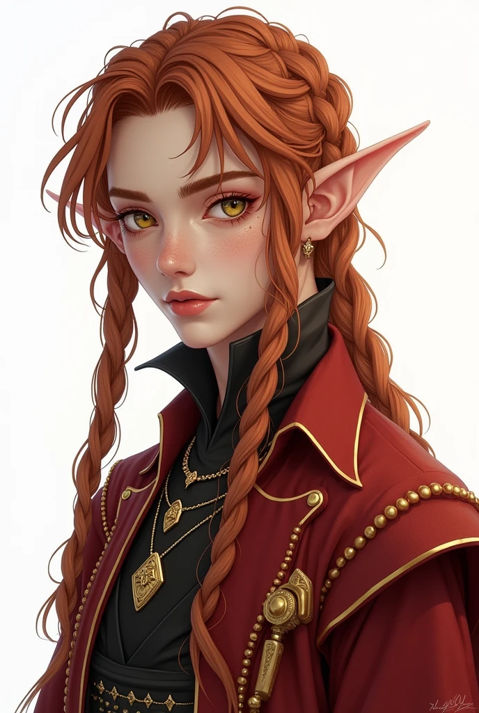 high elf, young adult, with masculine appearance inspired by kpop idol Lee Felix, do grupo Stray , copper colored braided hair, with gold ornaments, golden eyes and tanned skin, freckles on the face, in wizard clothes. Full body and white background