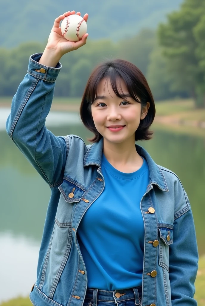 Highly realistic 8k photos, reservoir background, Hold the baseball with one arm raised high next to your body and in plain view., Korean woman, Wearing a blue T-shirt with a denim jacket on top, Wearing jeans, standing face to face, Looking at the camera, short hair, A little smile, Full focus