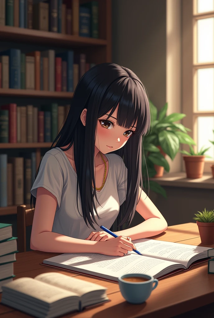 black haired girl studying
