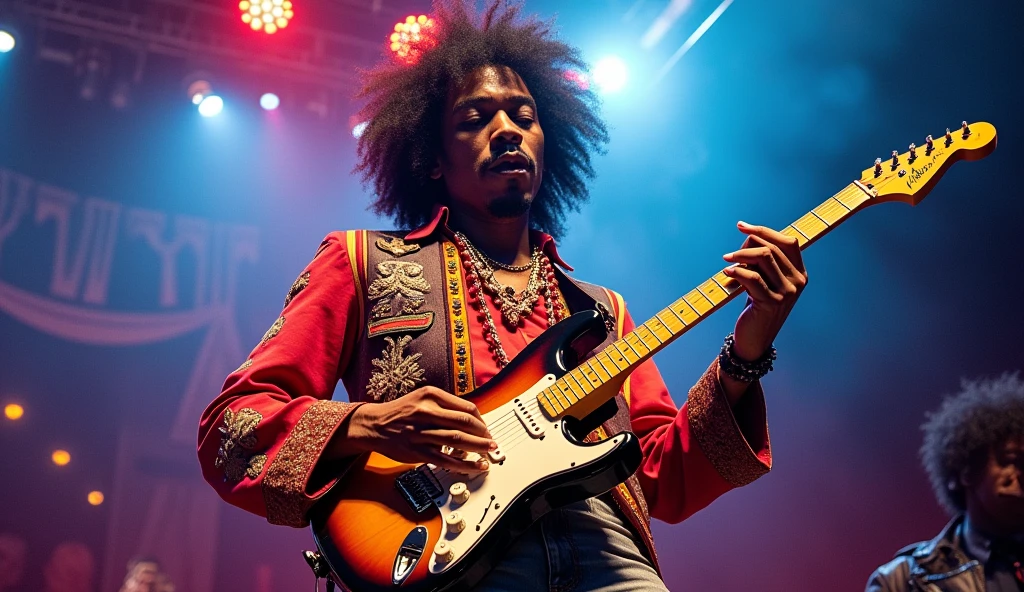realistic portrait of Jimi Hendrix, photo-realistic, highly detailed, masterpiece, vibrant colors, dramatic lighting, Jimi Hendrix playing guitar on stage, electric guitar, rock performance, concert crowd, dramatic pose, guitar solo, intense expression, long hair, psychedelic background, smoke effects, colorful lights, crowd cheering, music notes