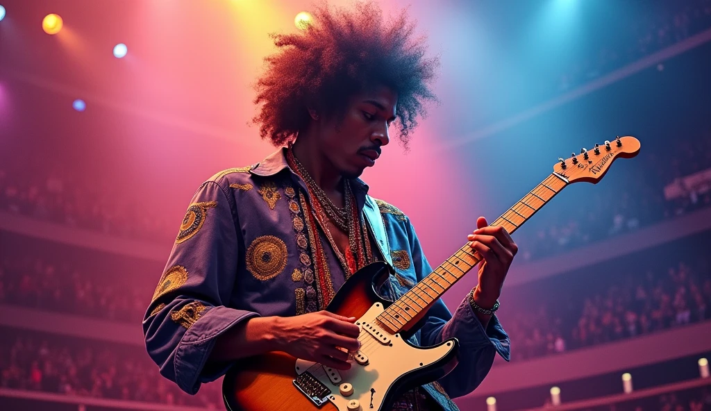 realistic portrait of Jimi Hendrix, photo-realistic, highly detailed, masterpiece, vibrant colors, dramatic lighting, Jimi Hendrix playing guitar on stage, electric guitar, rock performance, concert crowd, dramatic pose, guitar solo, intense expression, long hair, psychedelic background, smoke effects, colorful lights, crowd cheering, music notes