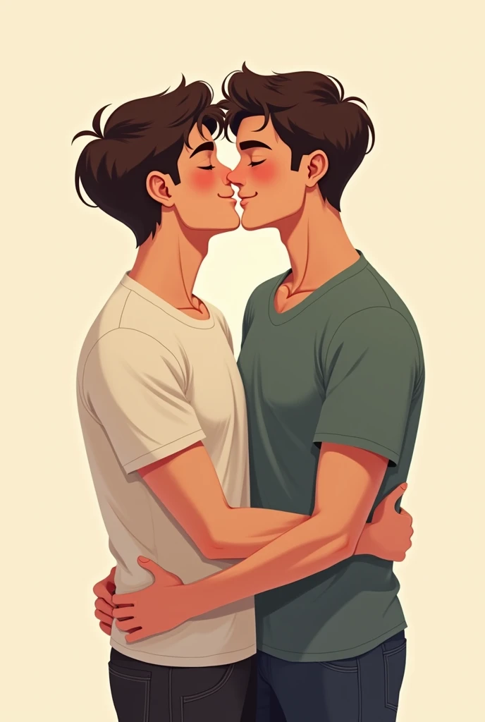 Couple of two boys, 20 years, giving each other a kiss, gay, cheered up, 2d.