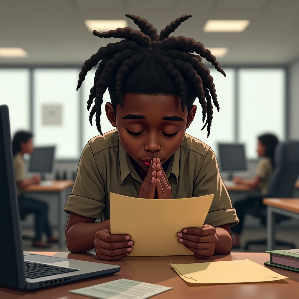 Black skinned boy, dreadlocks, holding envelopes at work, praying 