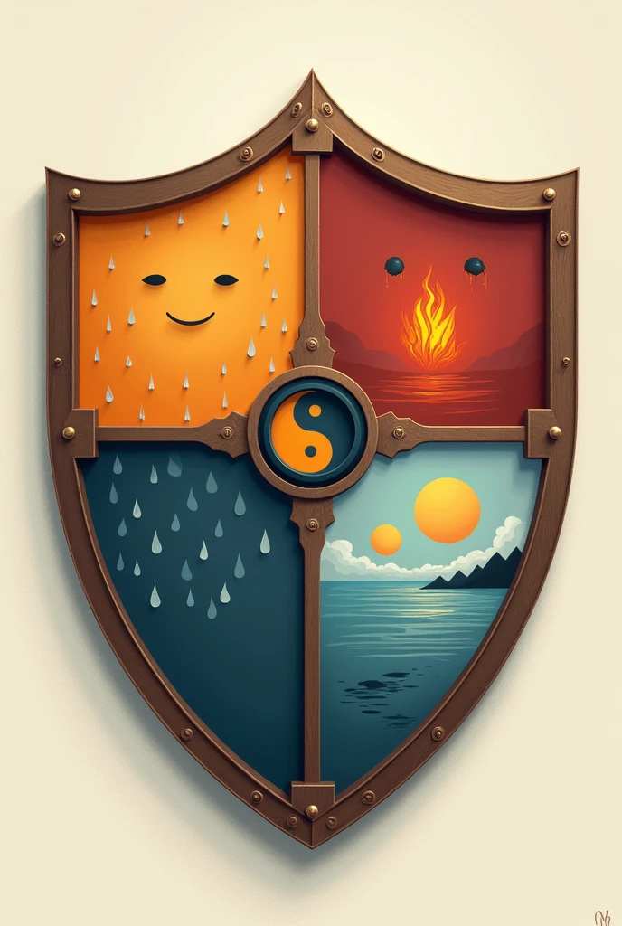 Shield divided into four quadrants: Each quadrant could represent a key emotion (happiness, sadness, Ira, calm). In the middle, where the quadrants meet, You could place a balance symbol or a yin-yang, indicating how all emotions come together and are managed to achieve harmony.
