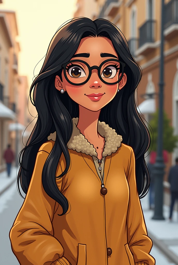 Disney style drawing of a Brazilian woman in a cold weather blouse, She has very long, straight dark hair combed to the side, very thin lips and wears round reading glasses with black frames. She has a mole on her neck, fair skin and slanted eyes.. chubby
