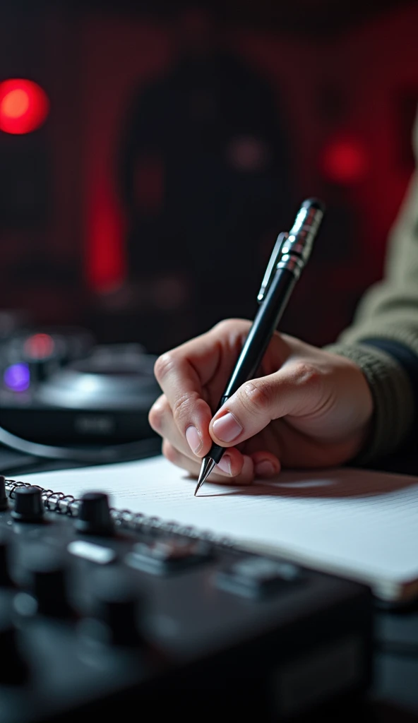 An image that shows music composition with a white rapper writing on a notebook and dark colors background