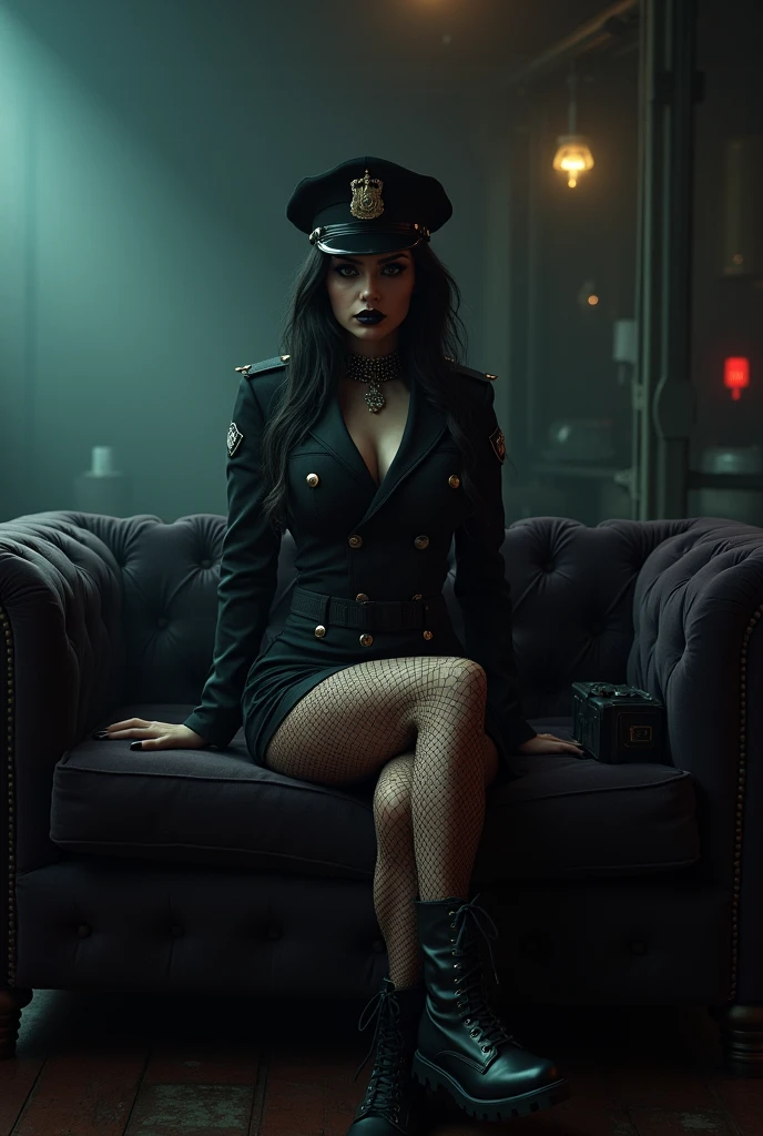 Goth police woman with fishnets short skirt and boots sitting on the sofa 