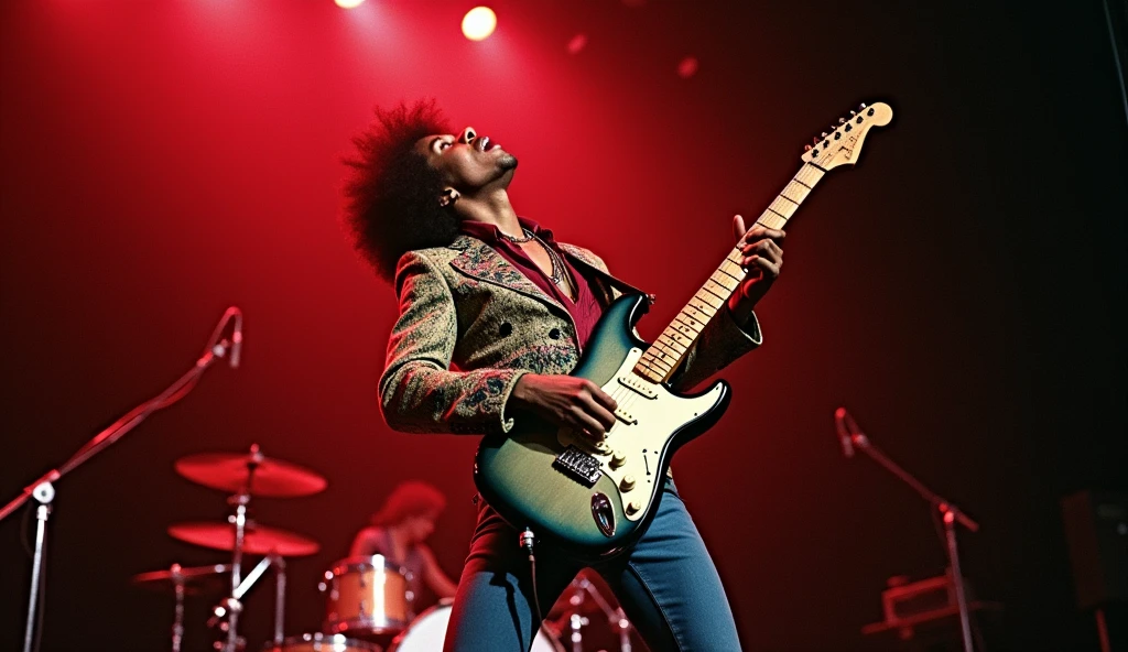 Jimi Hendrix, standing backwards, playing guitar at a concert