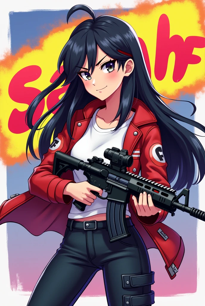 image of a cartoon girl, free fire player with dark hair, long, without fringe, her name Sarah FF appears as a poster and she has a gun in her hands