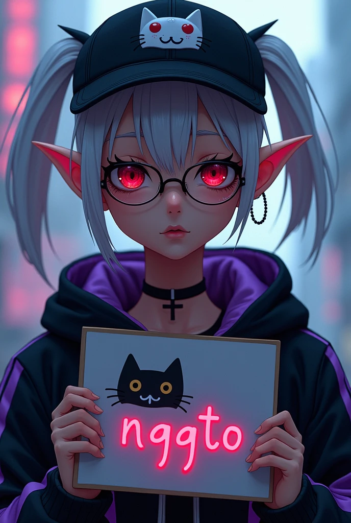 young man, Black skin tone, dark red eyes, elf ear small size, black earring in the shape of a cross but with two ears, wears prescription glasses, White hair, hair tied with ponytail, 2 strands of hair in the front, wears a black cap with a cat face, wears a closed hood with two different colors, black on one side and purple on the other, com um nome laranja Written: NGGTO. Holding a sign with a side cut that divides the colors black and purple, Written: Auto Farm NGGTO