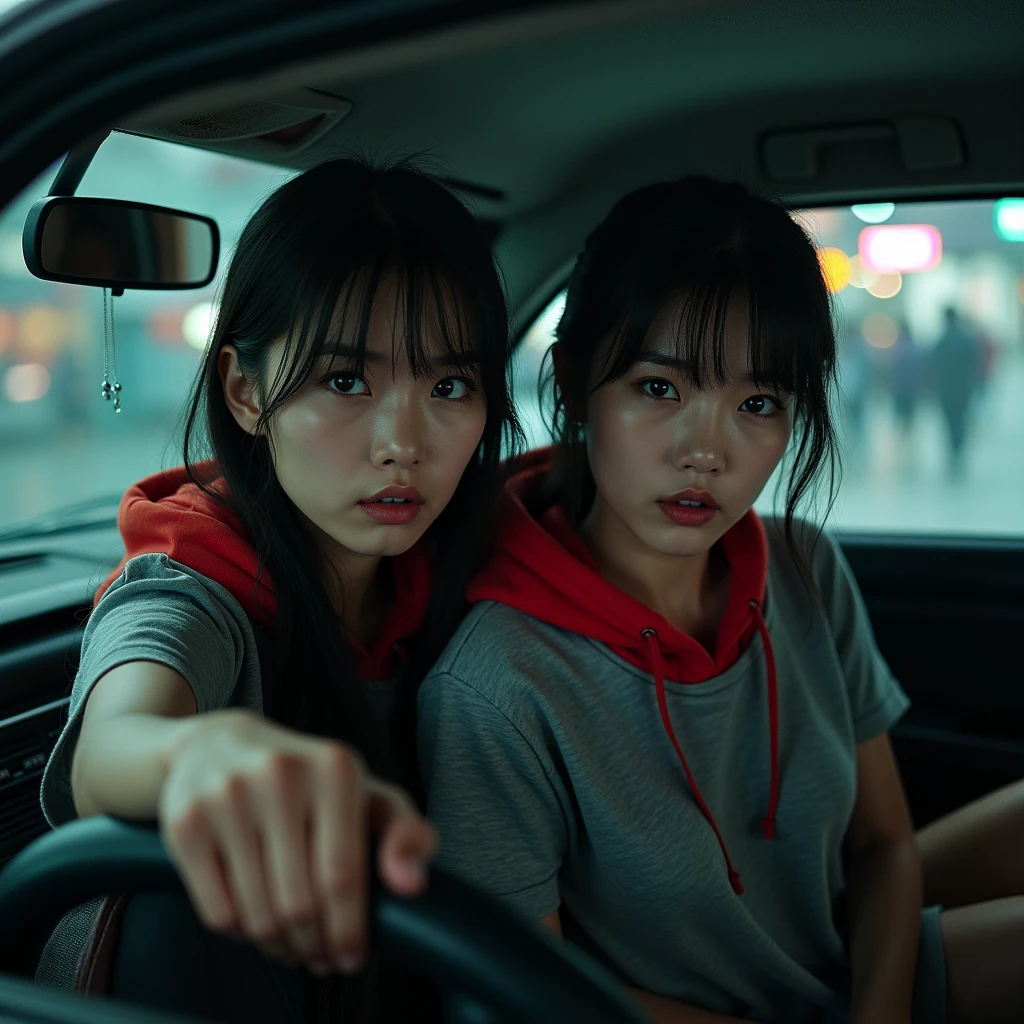 Identical twin sisters、"Movie Posters「Red Hood」,20-year-old woman、He is wearing a grey T-shirt with a red hoodie and pockets., Hiding in a car with a look of fear. The setting is Bangkok, Corpses scattered on the streets."