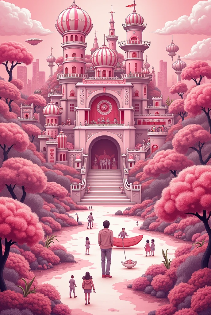 Make a plan in English with several areas, in pink