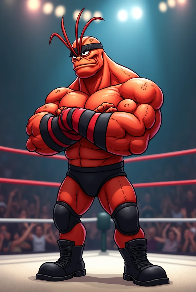 Cartoon lobster dressed like WWE wrestler Bobby Lashley.

Cartoon lobster body. Cartoon lobster head. Cartoon lobster face. Cartoon lobster arms. Cartoon lobster hands.

Bold. Muscular.

Black headband. Red wrist tape. Red elbow pads. Black shorts. Black kneepads. Black wrestling boots.

Standing with arms crossed in a wrestling ring..