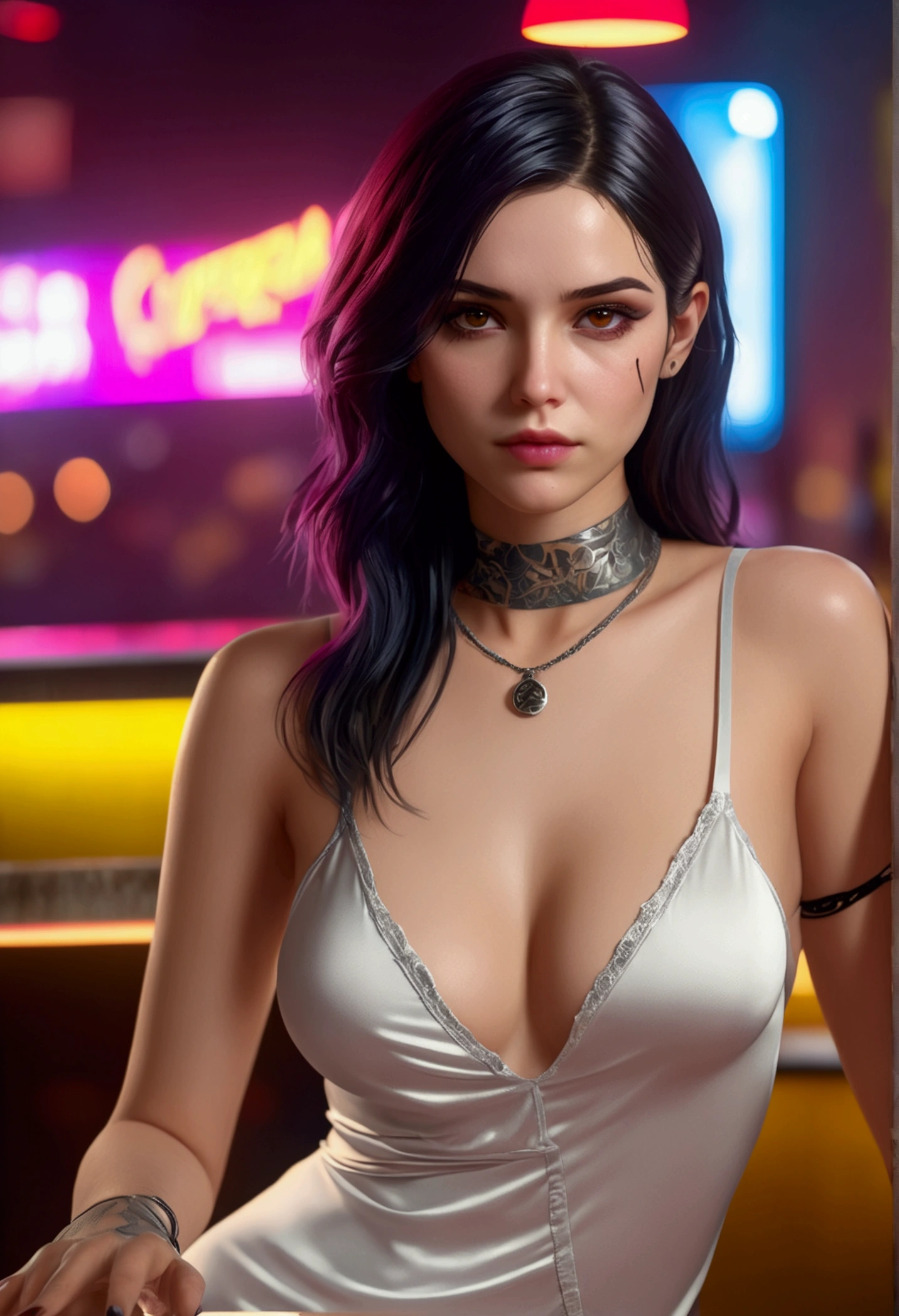 ((Masterpiece, Best Quality, Highest Image Quality, High Resolution, Photorealism, RAW Photos, 8k)), A female game character, 3d Graphics, long dark hair, thin dress, nightgown, grunge fashion, gothic choker, panties, sit with legs spread, in the cyperpunk bar, cyberpunk 2077 background, unreal engine, close-up, upper body