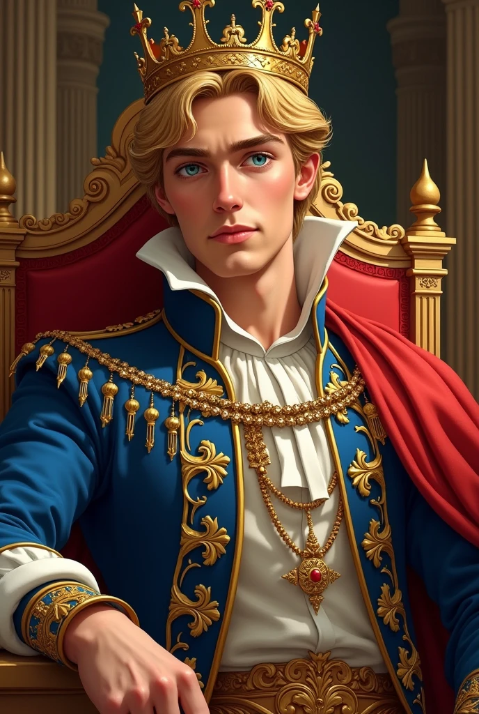 A blond man with blue eyes, fair skin, French with a crown, wearing a king's outfit, handsome young man, 2D, the throne when he was young, beautiful face, handsome