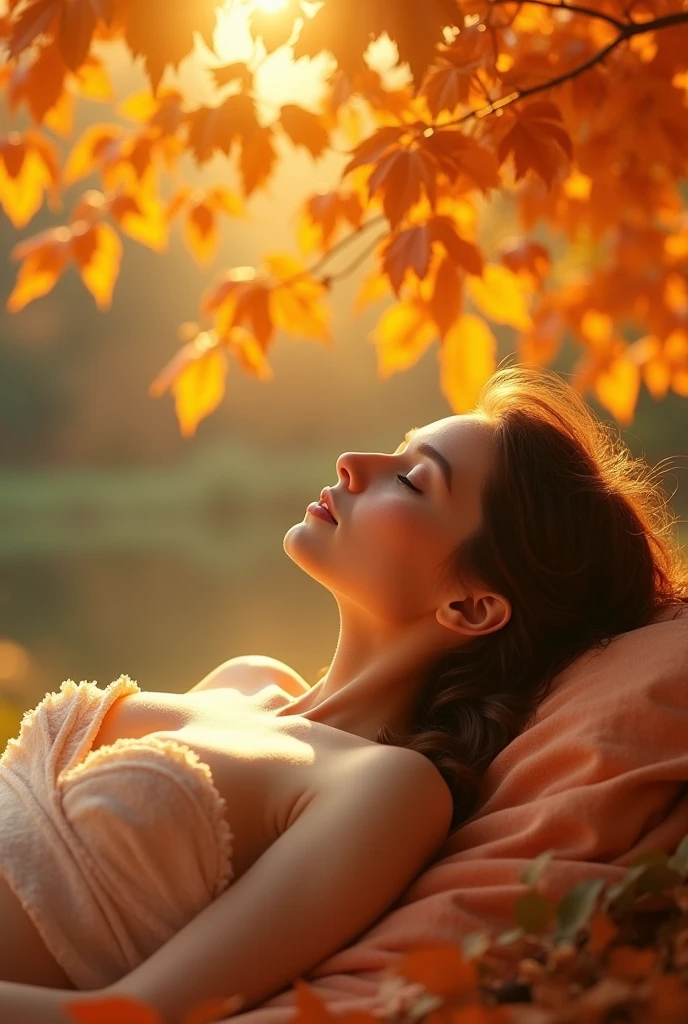 orange leaf scene with a woman sunbathing radiant skin