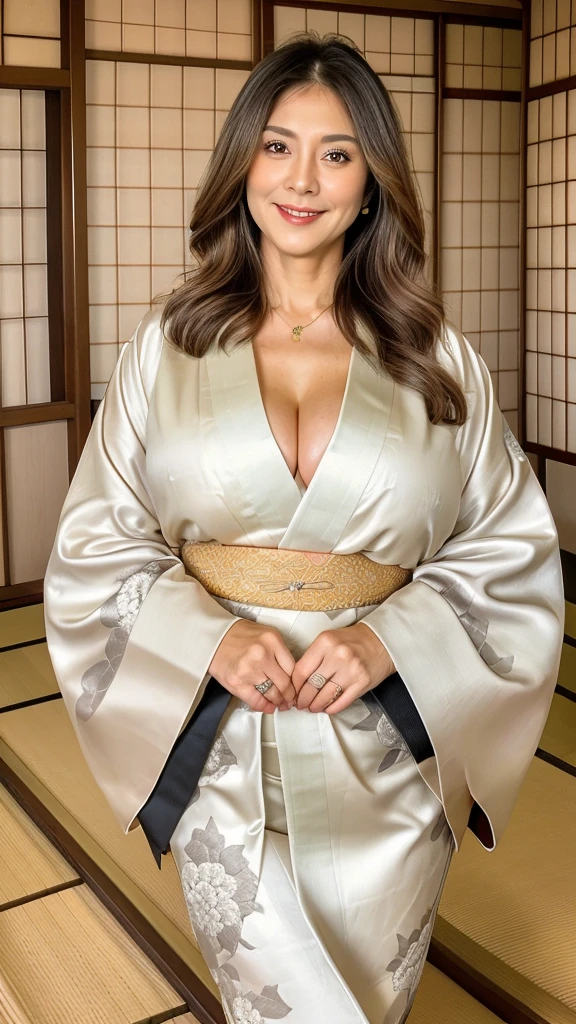 60 year old mature woman, Alone, Casual hair, Looking at the audience, (Orgasm face), Gray and white blonde hair, Brown eyes, Luxury gold jewelry, Full body, (((Looks apical kimono fashion, beautiful and sexy))), Realistic, Sexy, beautiful color, perfect skin, 3 breast sizes. (Realistic, high resolution), photo size 3:4, 1 cute sexy mature woman, expressive big brown eyes, happy, ( 8K, raw photo, Best quality, High detail, curvaceous shape, curvaceous body, full body from the tip head to toe, smile Incredible Pleasure, (((Background Typical Japanese house))),