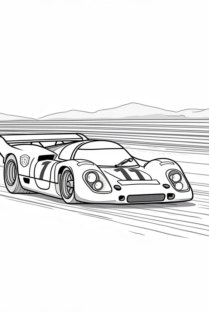 Create an image of a Porsche 917
Brand: Porsche
Nationality: Germany
Model: 917
Year of Manufacture: 1969, with a race track background, straight line art, coloring book page
