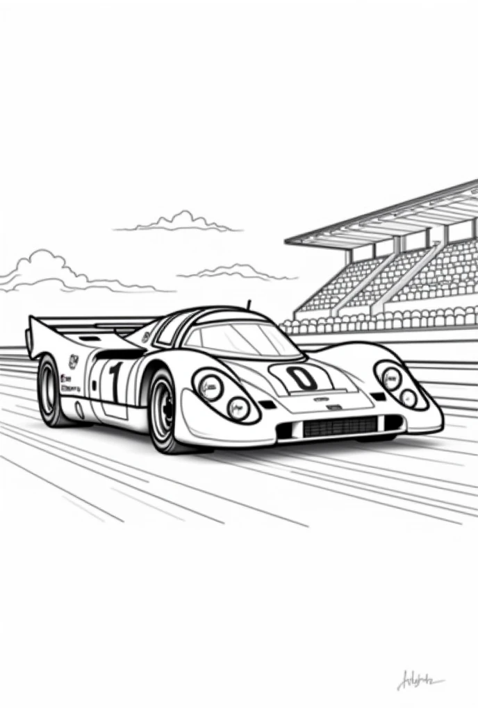 Create an image of a Porsche 917
Brand: Porsche
Nationality: Germany
Model: 917
Year of Manufacture: 1969, with a race track background, straight line art, coloring book page